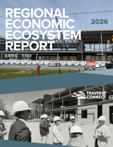 Regional Economic Ecosystem Report cover image with a photo of the Freshwater Research and Innovation Center under construction.
